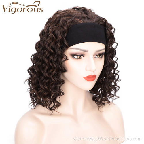 Vigorous Curly Synthetic Wigs for White Women Mixed Brown Colors African American Wigs Short 3/4 Half Wigs with Headband